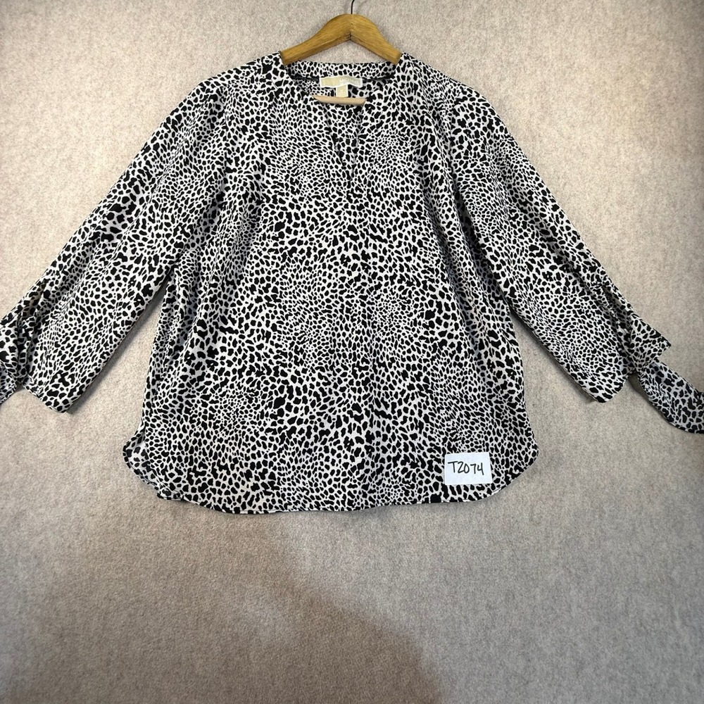 Michael Kors Womens Animal‎ Print Split Neck Blouse Black White Size M T2074